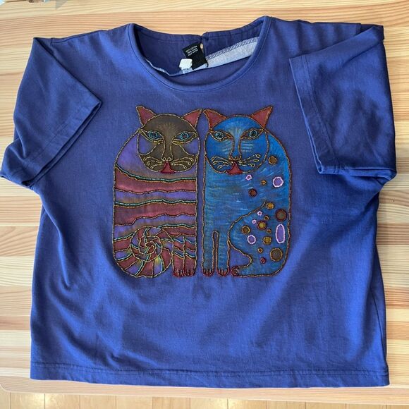 Laurel Burch Vintage Beaded Cat T-Shirt Blue Purple Whisker Cat Made in Bali - Picture 8 of 8